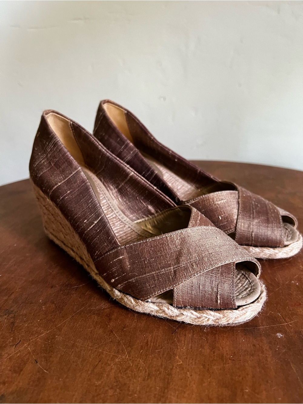 Ralph Lauren Brown Crisscross Espadrille Wedge Peep-Toe